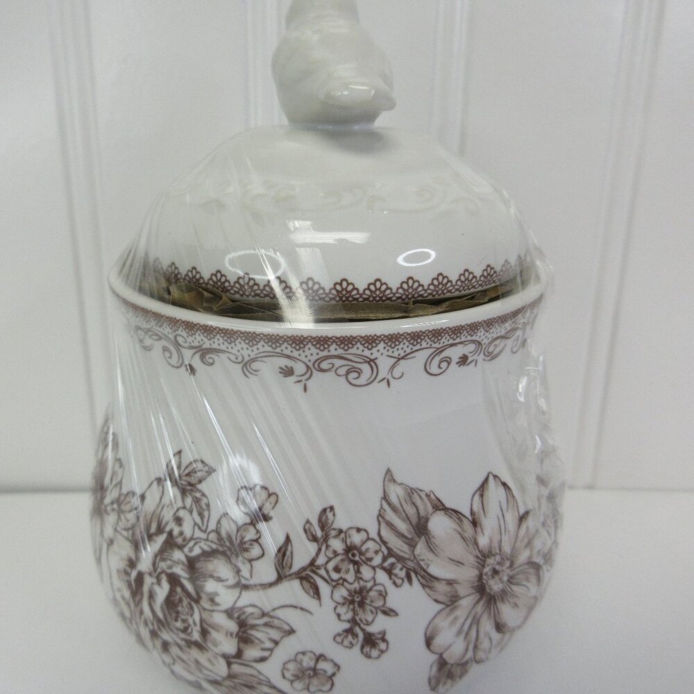 Pioneer Woman Agatha Bird Sugar Bowl W Lid Floral White Brown Stoneware New - Picture 7 of 12